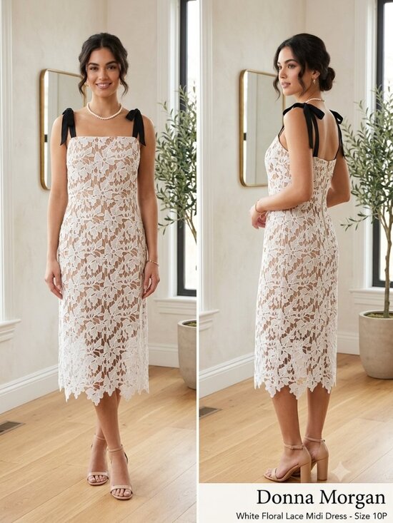 Donna Morgan Dresses & Skirts - Donna Morgan White Floral Fairy Lace Midi Dress Black Ribbon Straps - Sz 10 NEW